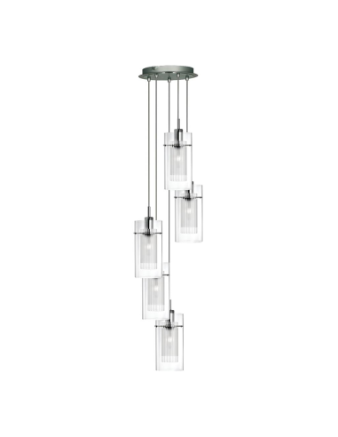 Searchlight Duo I Ceiling 5 Light Multi-Drop Pendant Satin Silver & Glass