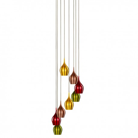 Vibrant 8 Light Multi-Drop Coloured (Red, Green, Gold, Copper) Shades